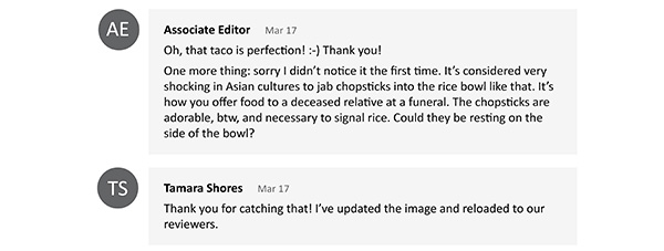 A conversation between a Healthwise illustrator and editor notes that the illustration of the bowl of rice needs updated to reflect cultural nuances
