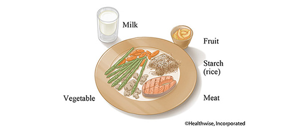 An older version of a Healthwise health education illustration showing a plate with healthy portion sizes