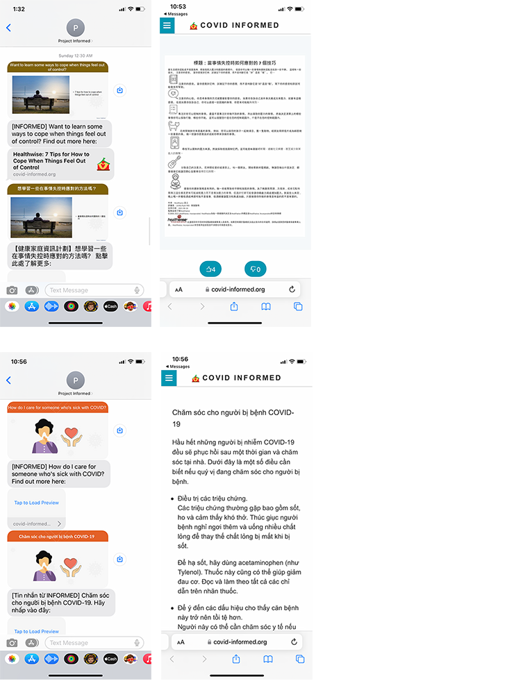 Screenshots of text messages in person's language about COVID Informed website